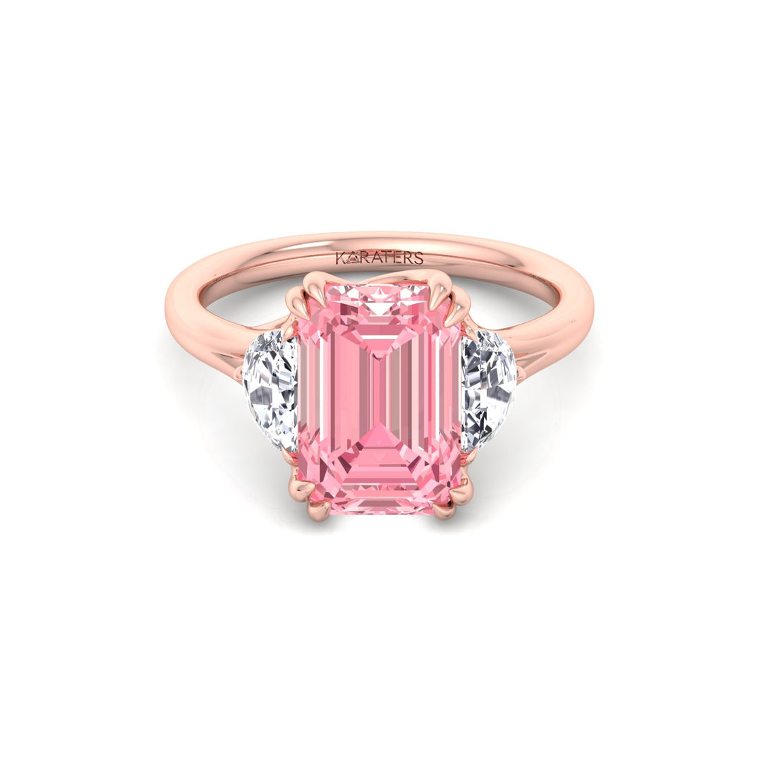 Fancy Pink Emerald Shape Lab Grown Diamond Engagement Ring with Half Moon Sidestones Rose Gold 14K