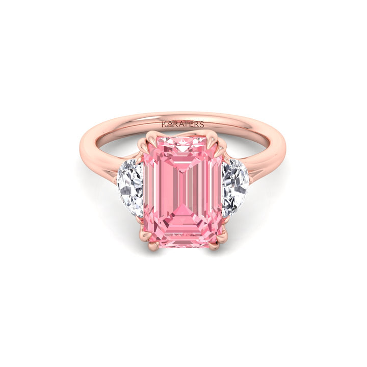 Fancy Pink Emerald Shape Lab Grown Diamond Engagement Ring with Half Moon Sidestones Rose Gold 14K