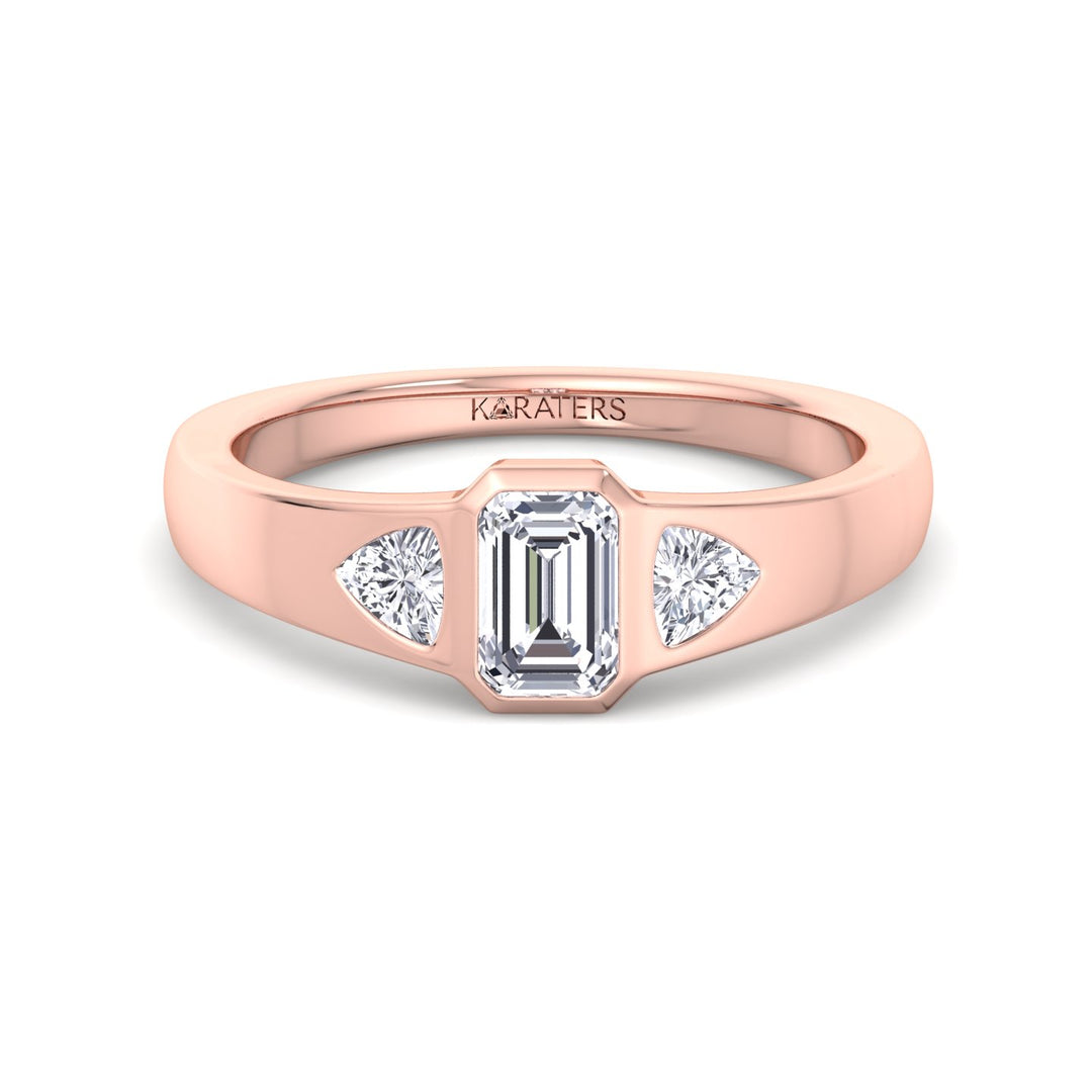 Bezel Set Emerald Lab Grown Diamond with Trillion Sidestones Engagement Ring Rose Gold 18K