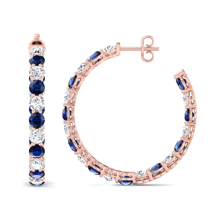 Alternating Lab Grown Blue Sapphire and Diamond Inside Out Hoop Earrings Rose Gold