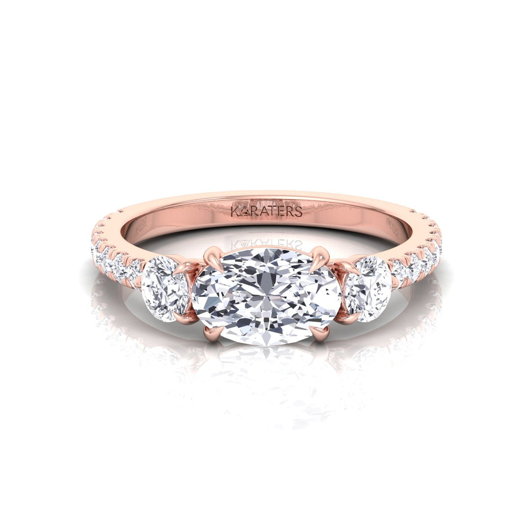 East West Oval Lab-Grown Diamond Engagement Ring with Round Sidestones Rose Gold 18K