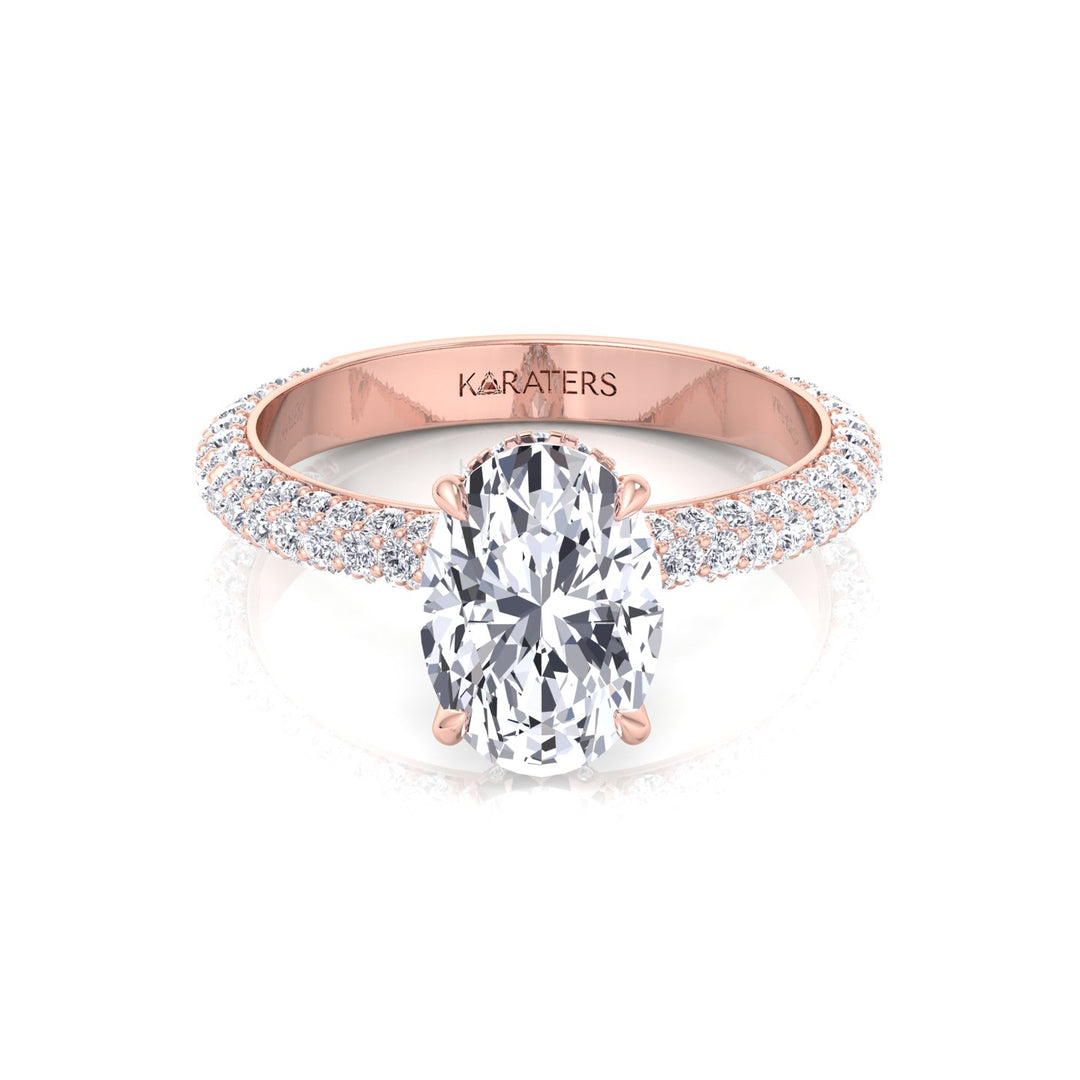 Oval Shape Lab-Grown Diamond Invisible Halo Engagement Ring with Three Row Pave Band Rose Gold 14K 