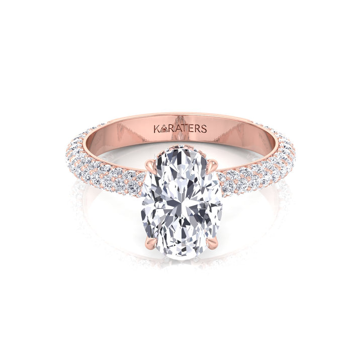 Oval Shape Lab-Grown Diamond Invisible Halo Engagement Ring with Three Row Pave Band Rose Gold 14K 