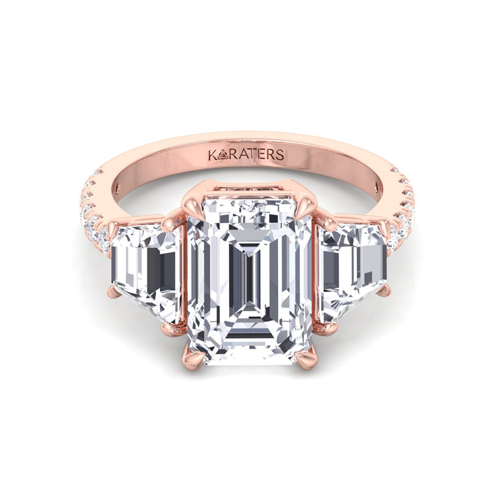 Emerald & Trapezoid Three Stone Lab-Grown Diamond Engagement Ring with Sidestones Rose Gold 14K