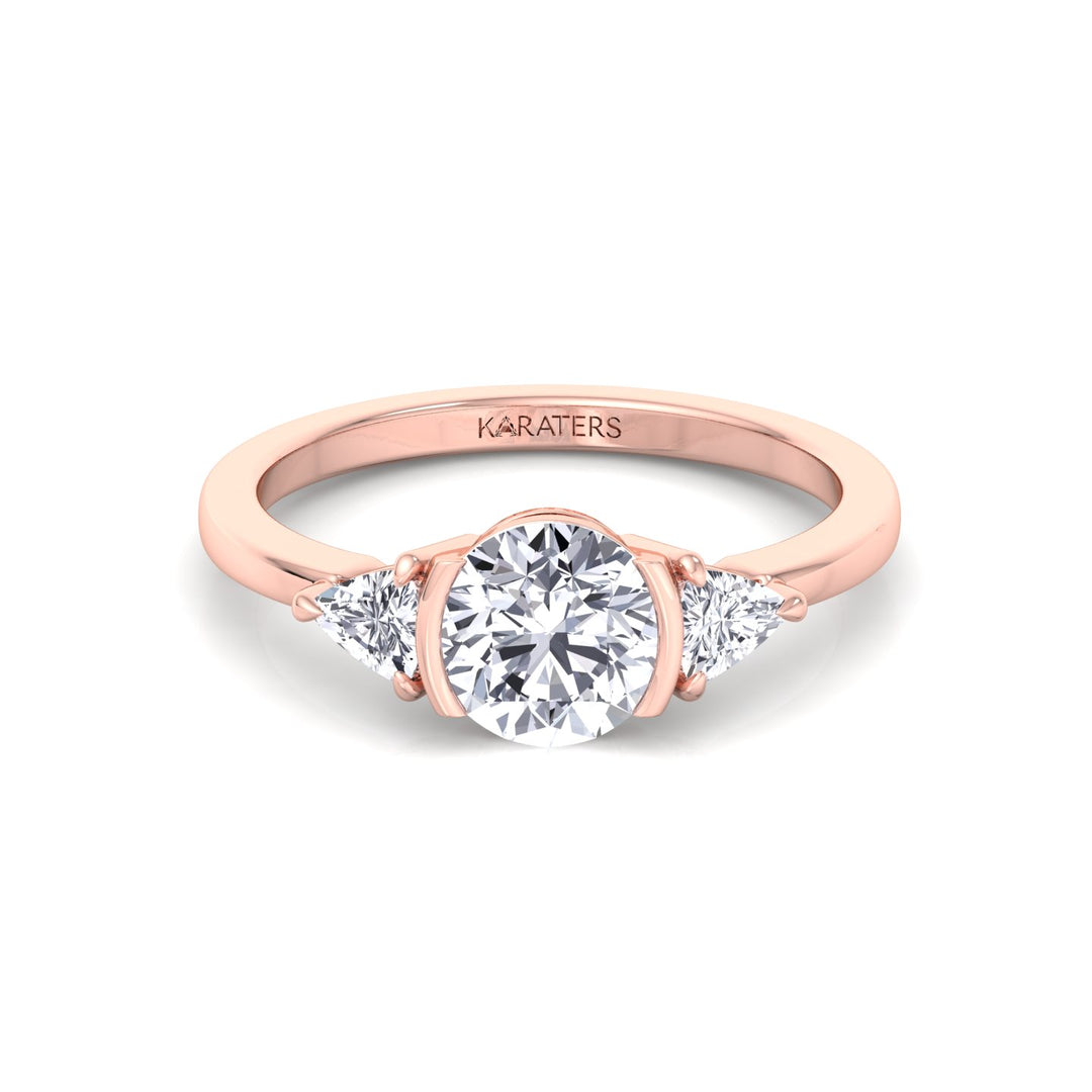 Half Bezel Round Shape Lab-Grown Diamond Engagement Ring with Trillion Sidestones Rose Gold 14K