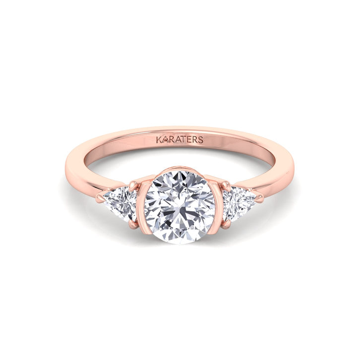 Half Bezel Round Shape Lab-Grown Diamond Engagement Ring with Trillion Sidestones Rose Gold 14K