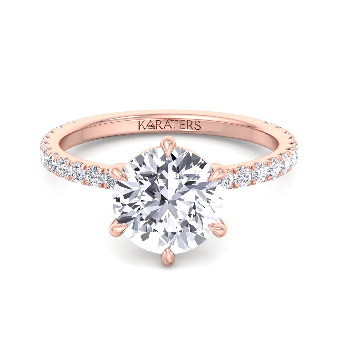 Adria - Six Prong Round Cut Lab Grown Diamond Engagement Ring With Pave Band