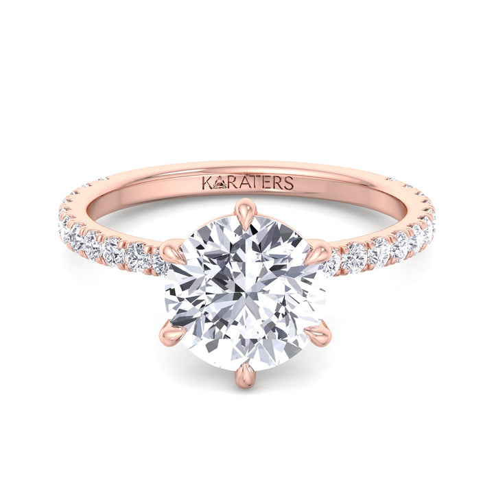 Adria - Six Prong Round Cut Lab Grown Diamond Engagement Ring With Pave Band