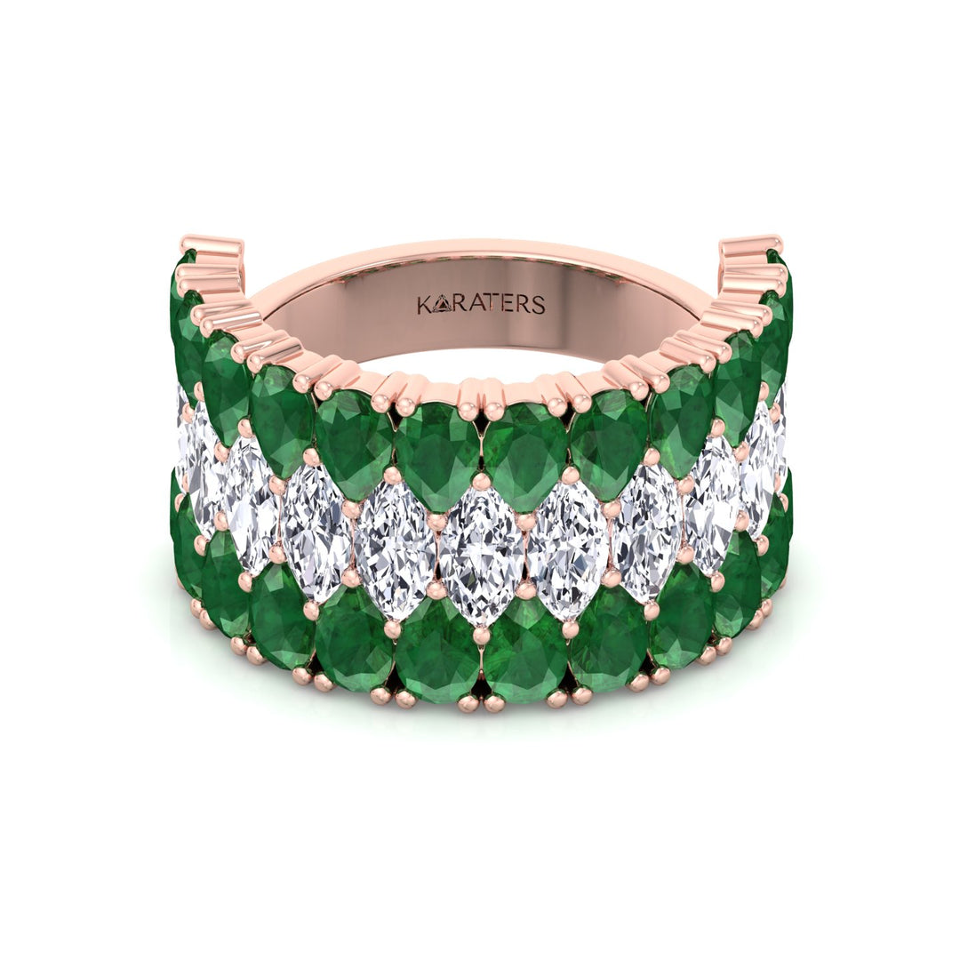 Pear Shape Green Emerald and Marquise Lab-Grown Diamond Cocktail Ring  RG 3