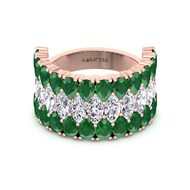 Pear Shape Green Emerald and Marquise Lab-Grown Diamond Cocktail Ring  RG 3