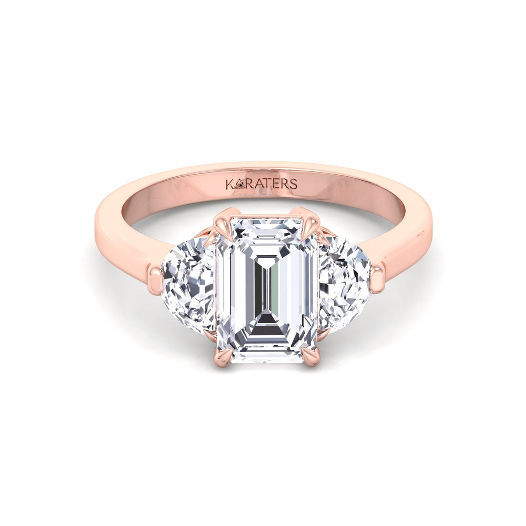 Emerald Shape Lab Grown Diamond Engagement Ring with Half Moon Sidestones Rose Gold 14K