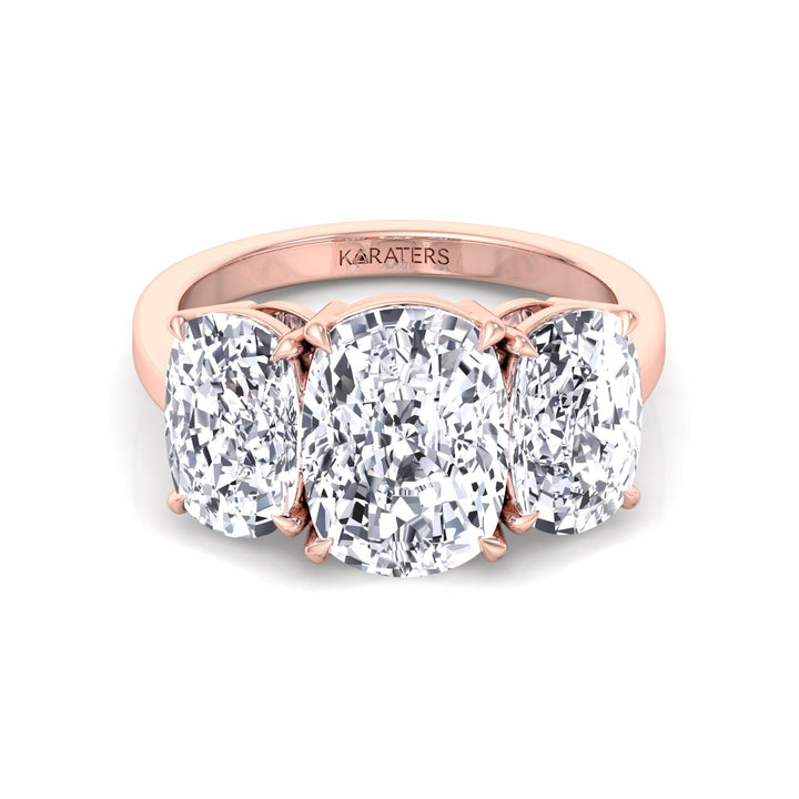3 Stone Elongated Cushion Cut Lab Grown Diamond Engagement Ring Rose Gold 14K