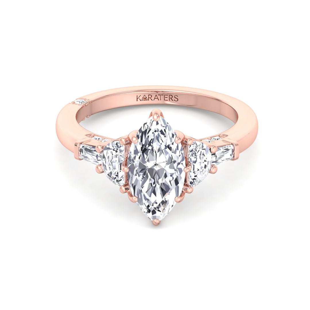 Marquise Shape Lab Grown Diamond Engagement Ring with Half Moon and Tapered Baguette Sidestones Rose Gold 18K