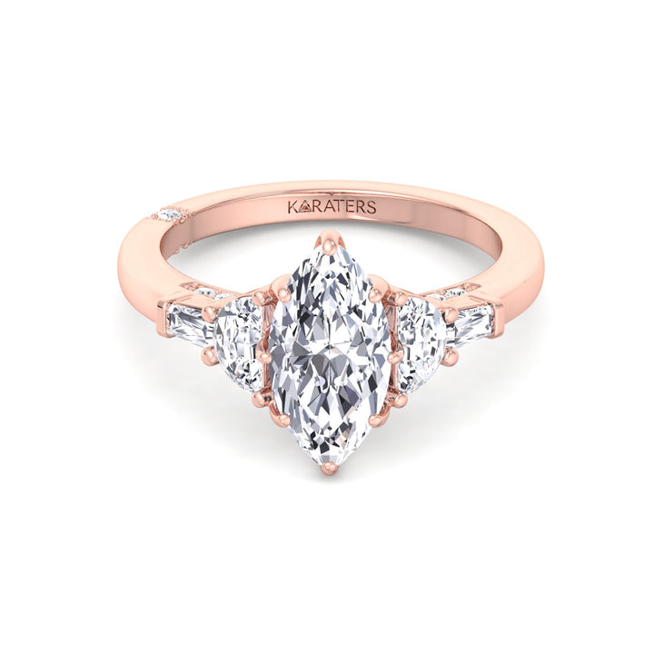 Marquise Shape Lab Grown Diamond Engagement Ring with Half Moon and Tapered Baguette Sidestones Rose Gold 18K