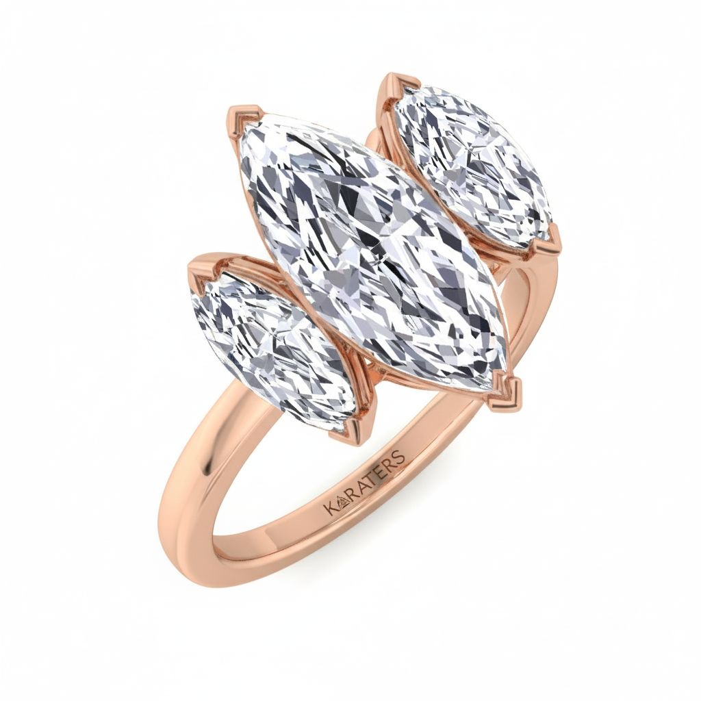 Marquise Cut Three Stone Lab Grown Diamond Engagement Ring side view Rose gold