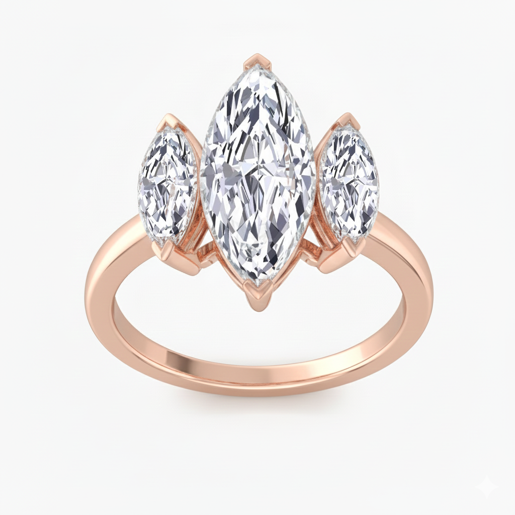 Marquise Cut Three Stone Lab Grown Diamond Engagement Ring Top view Rose gold