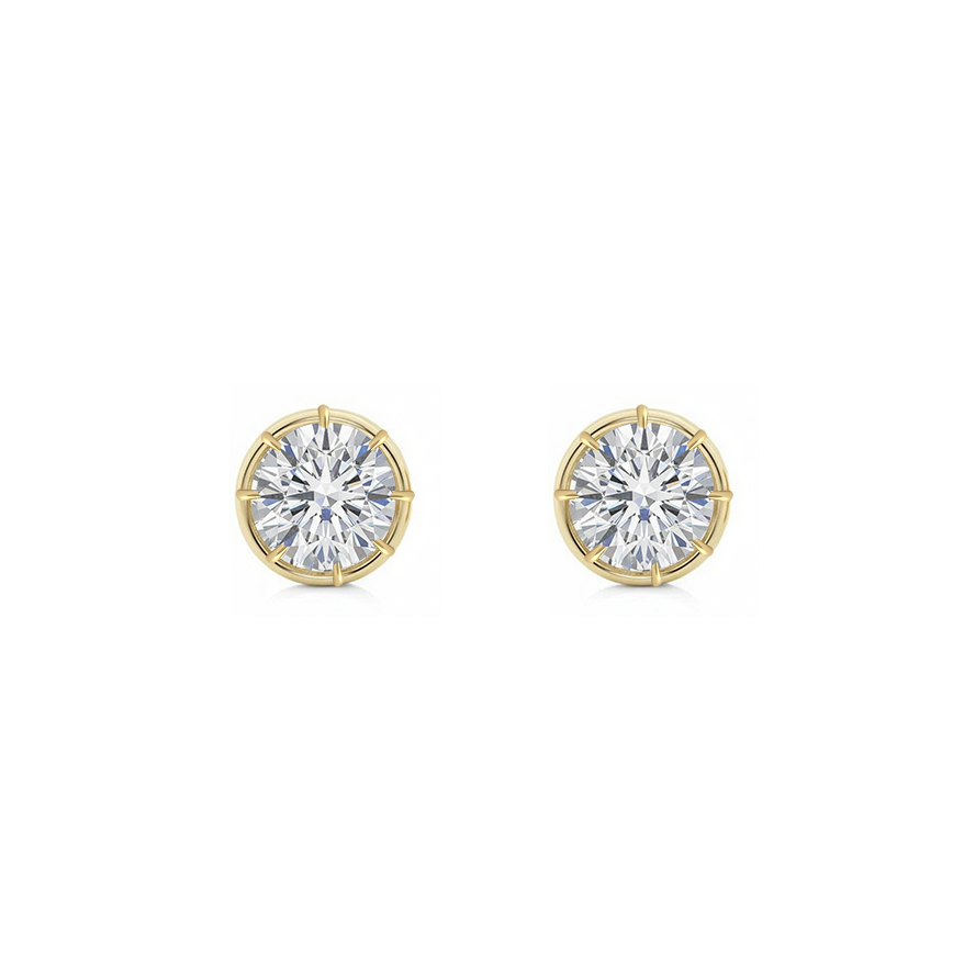 Prong Bezel Set Round Shape Lab Grown Diamond Studs Yellow Gold 14K