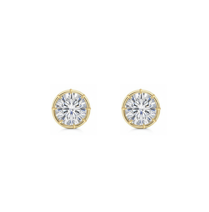 Prong Bezel Set Round Shape Lab Grown Diamond Studs Yellow Gold 14K