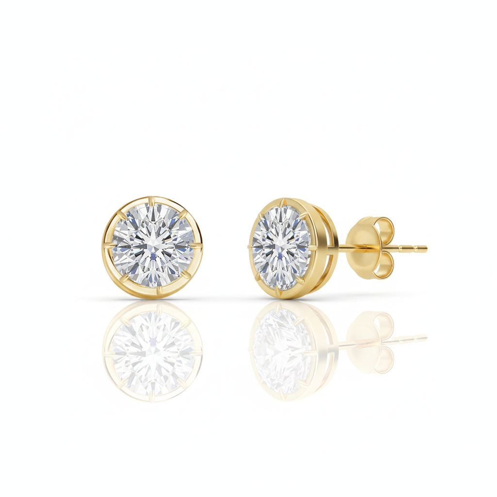 Prong Bezel Set Round Shape Lab Grown Diamond Studs Yellow Gold 18K