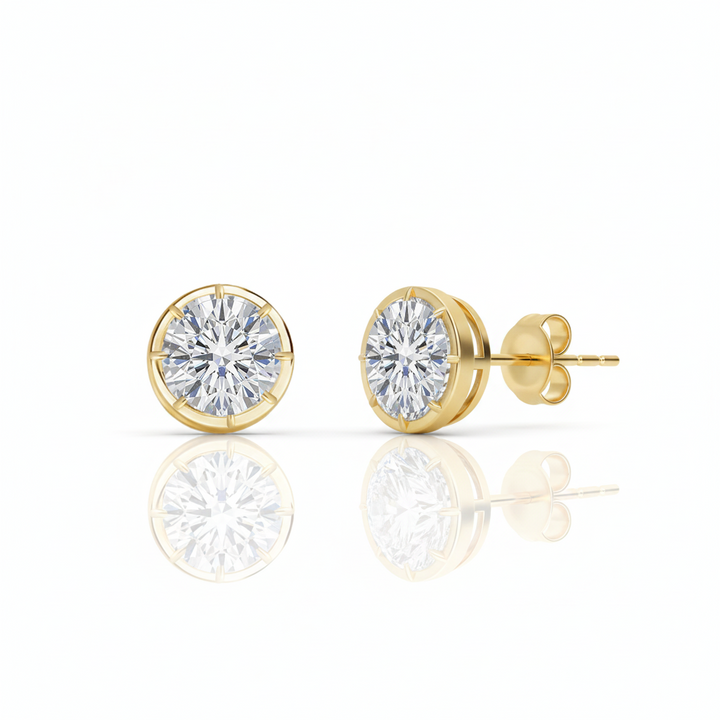 Prong Bezel Set Round Shape Lab Grown Diamond Studs Yellow Gold 18K