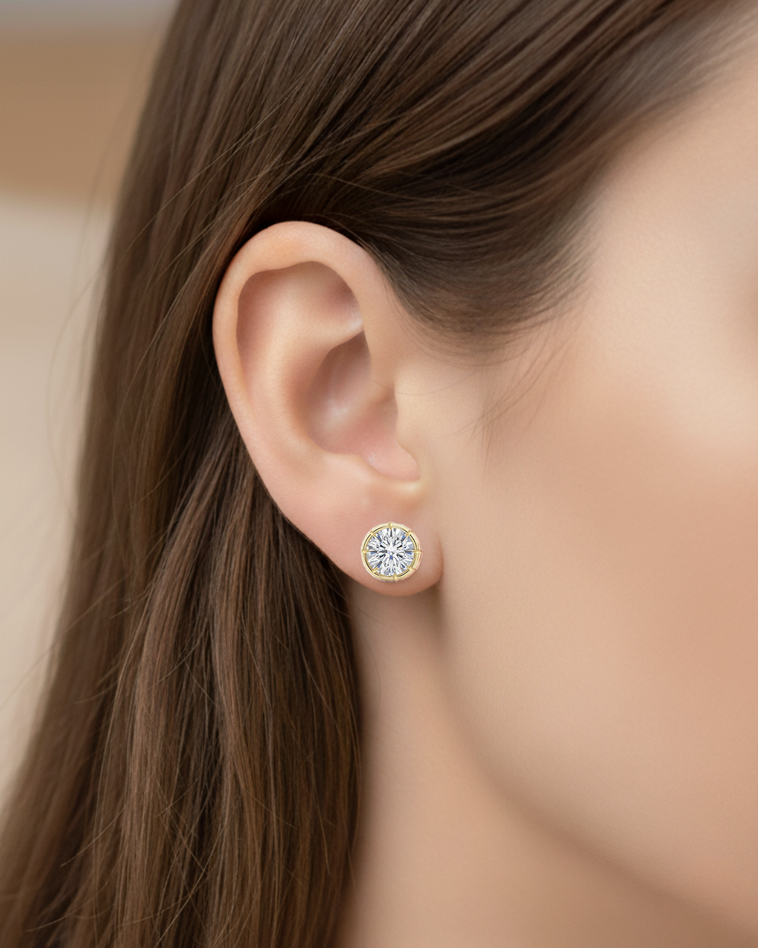 Prong Bezel Set Round Shape Lab Grown Diamond Studs Yellow Gold