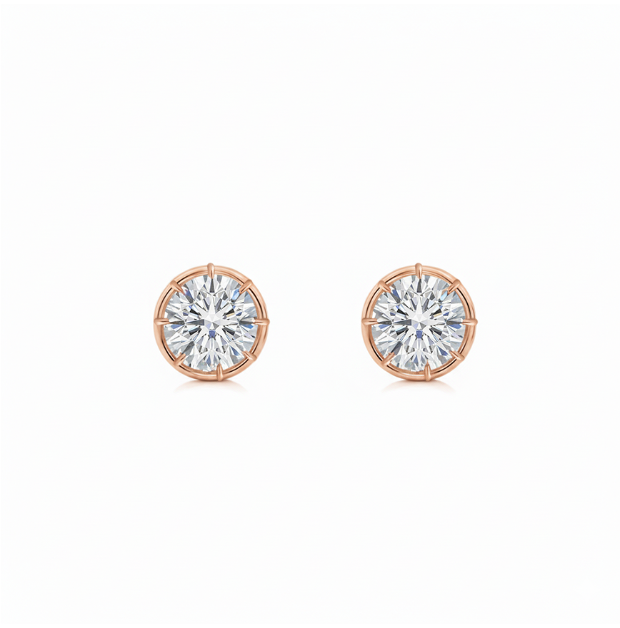 Prong Bezel Set Round Shape Lab Grown Diamond Studs Rose Gold 14K