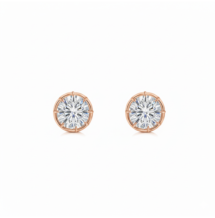 Prong Bezel Set Round Shape Lab Grown Diamond Studs Rose Gold 14K