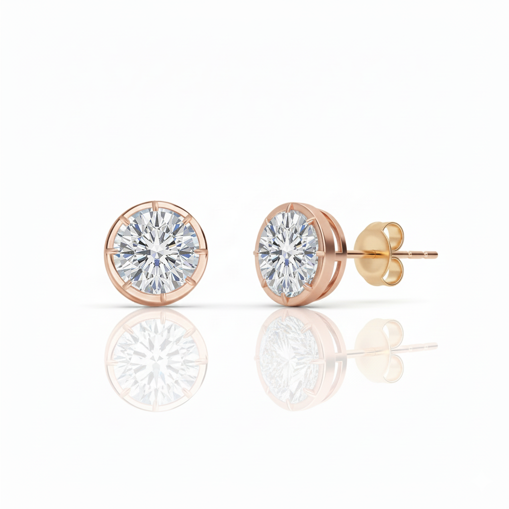 Prong Bezel Set Round Shape Lab Grown Diamond Studs Rose Gold 18K
