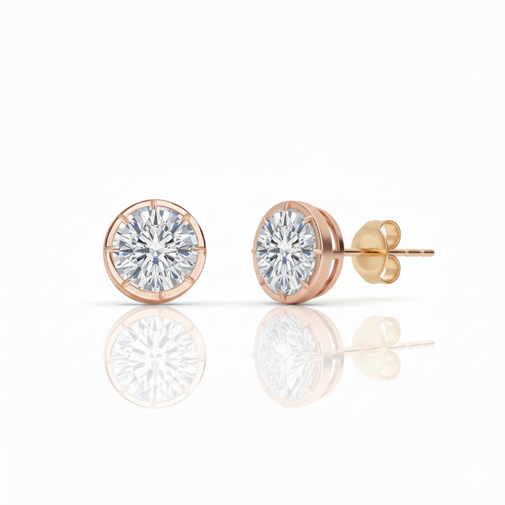 Prong Bezel Set Round Shape Lab Grown Diamond Studs Rose Gold 18K