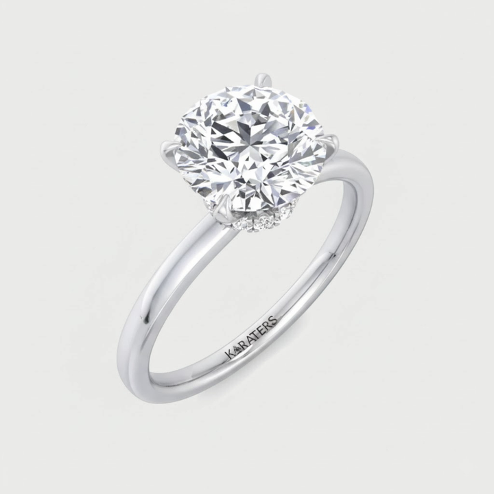 Round Cut Lab Grown Diamond Four Prong Solitaire Engagement Ring With Hidden Halo
