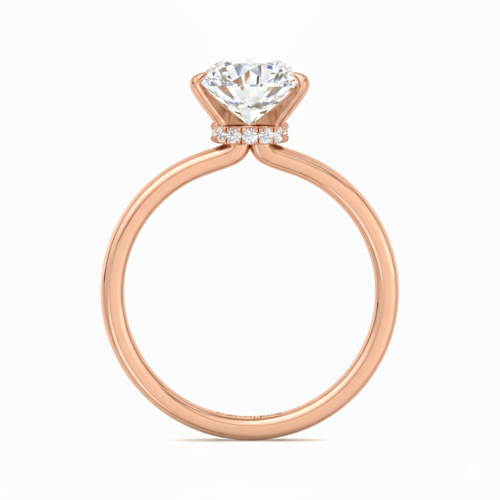 Round Cut Lab Grown Diamond Four Prong Solitaire Engagement Ring With Hidden Halo Rose Gold 14K