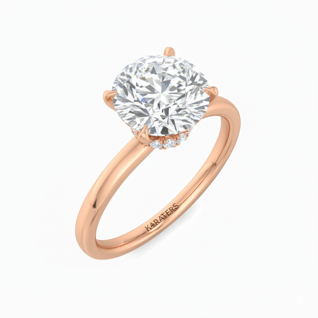 Round Cut Lab Grown Diamond Four Prong Solitaire Engagement Ring With Hidden Halo Rose Gold 18K