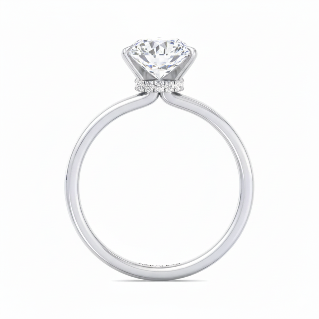 Round Cut Lab Grown Diamond Four Prong Solitaire Engagement Ring With Hidden Halo White Gold 14K