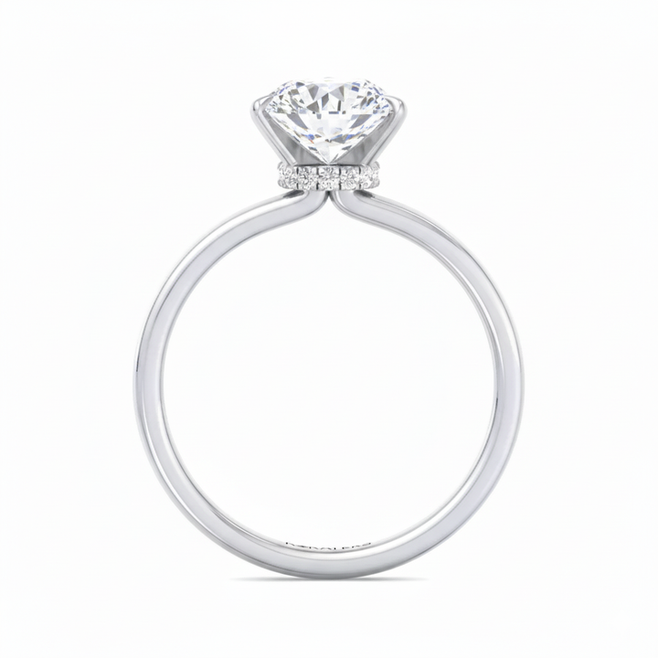 Round Cut Lab Grown Diamond Four Prong Solitaire Engagement Ring With Hidden Halo White Gold 14K