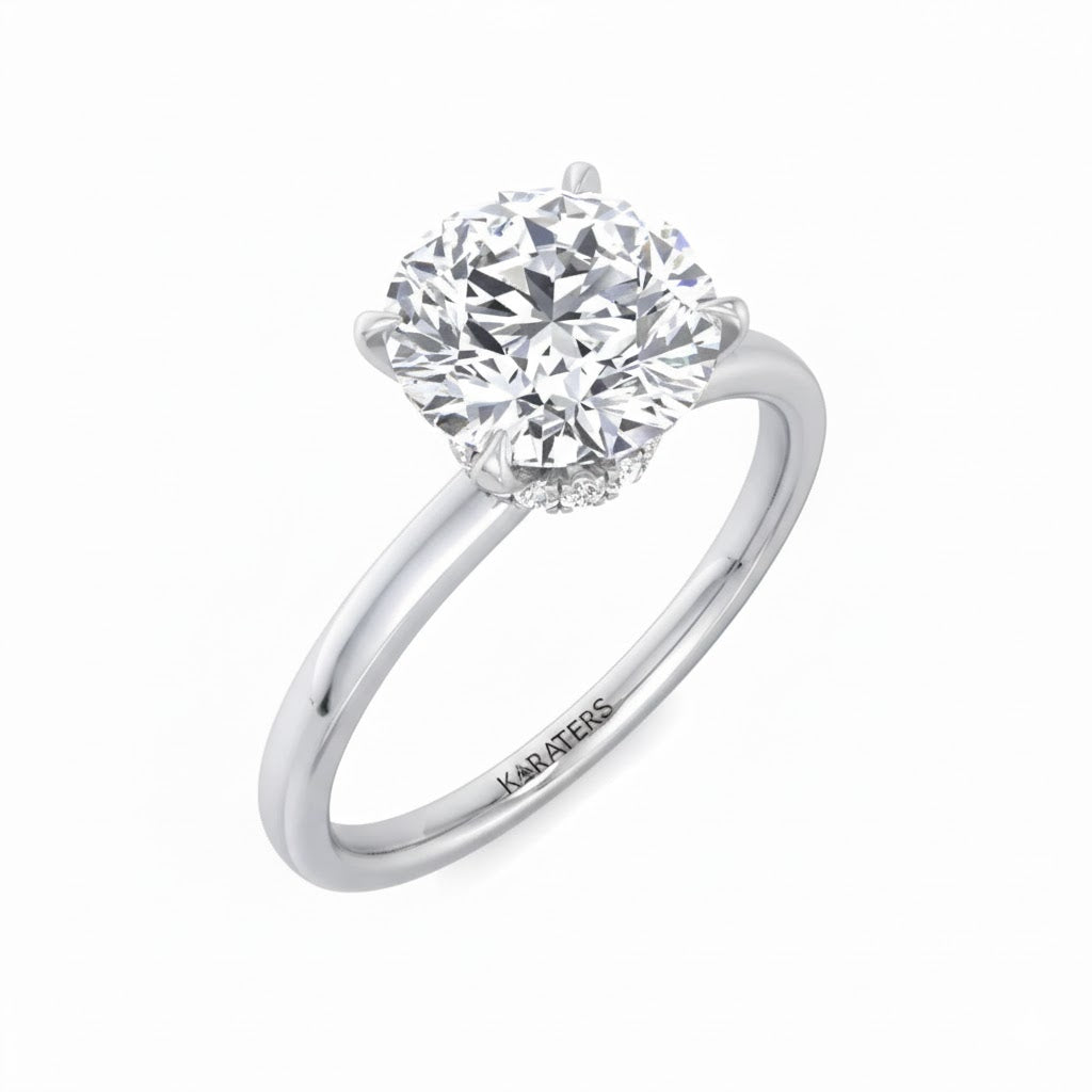 Round Cut Lab Grown Diamond Four Prong Solitaire Engagement Ring With Hidden Halo White Gold 18K