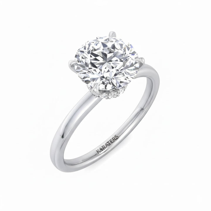 Round Cut Lab Grown Diamond Four Prong Solitaire Engagement Ring With Hidden Halo White Gold 18K