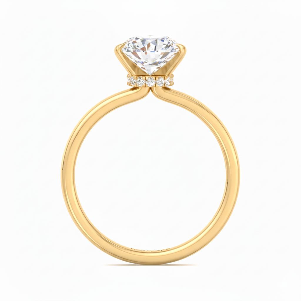 Round Cut Lab Grown Diamond Four Prong Solitaire Engagement Ring With Hidden Halo Yellow Gold 14K
