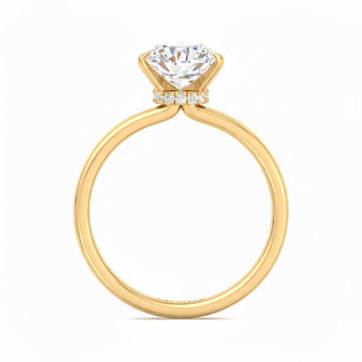 Round Cut Lab Grown Diamond Four Prong Solitaire Engagement Ring With Hidden Halo Yellow Gold 14K