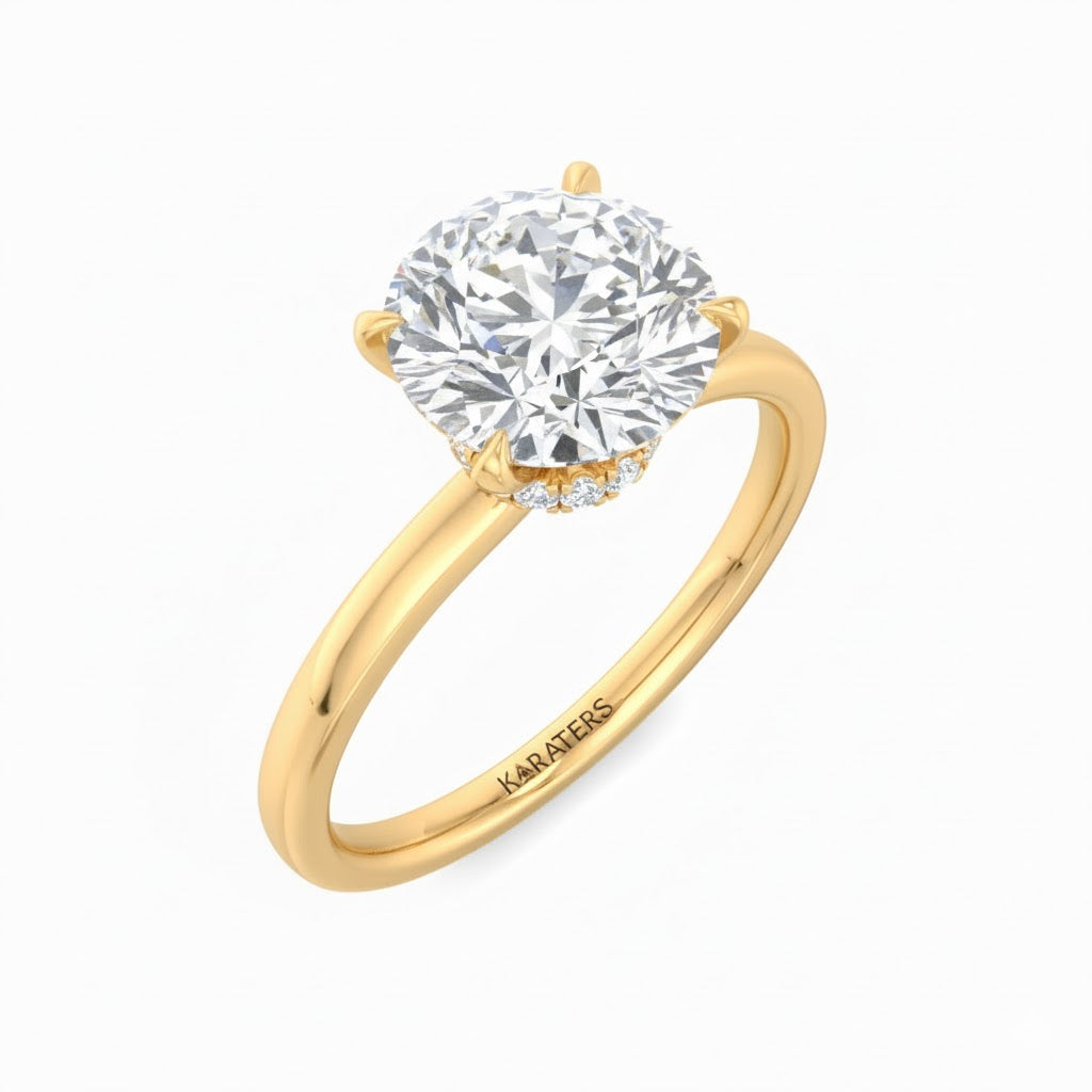 Round Cut Lab Grown Diamond Four Prong Solitaire Engagement Ring With Hidden Halo Yellow Gold 18K