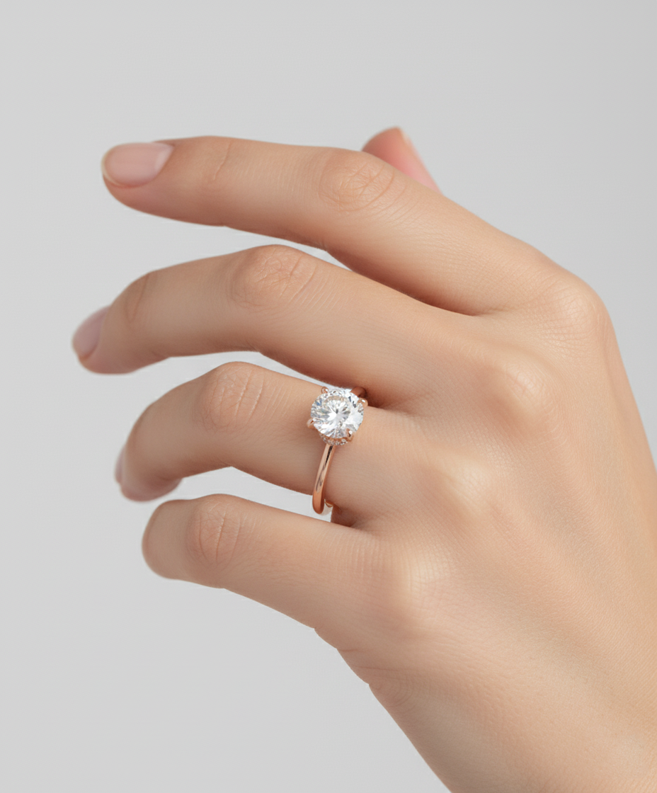 Round Cut Lab Grown Diamond Four Prong Solitaire Engagement Ring With Hidden Halo Rose Gold 