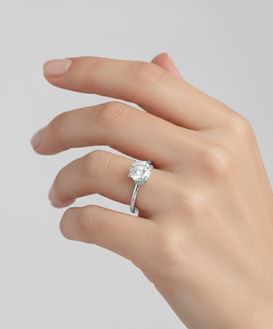 Round Cut Lab Grown Diamond Four Prong Solitaire Engagement Ring With Hidden Halo White