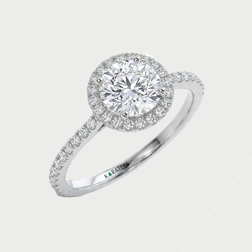 Round Shape Halo Lab Grown Ring With Thin Pave Band WG