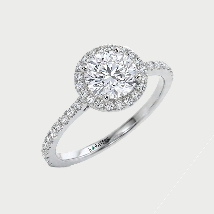 Round Shape Halo Lab Grown Ring With Thin Pave Band WG