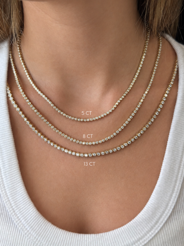 Round Shape Bezel Set Lab Grown Diamond Tennis Necklace 14K Solid Gold