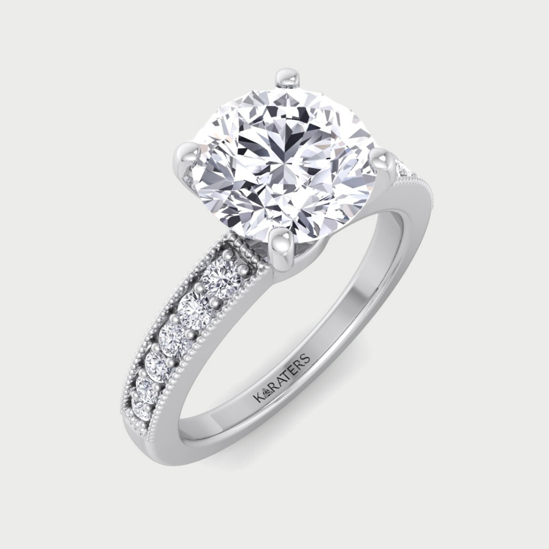 Vintage Round Shape Lab Grown Diamond Engagement Ring with Channel Set Side Stones