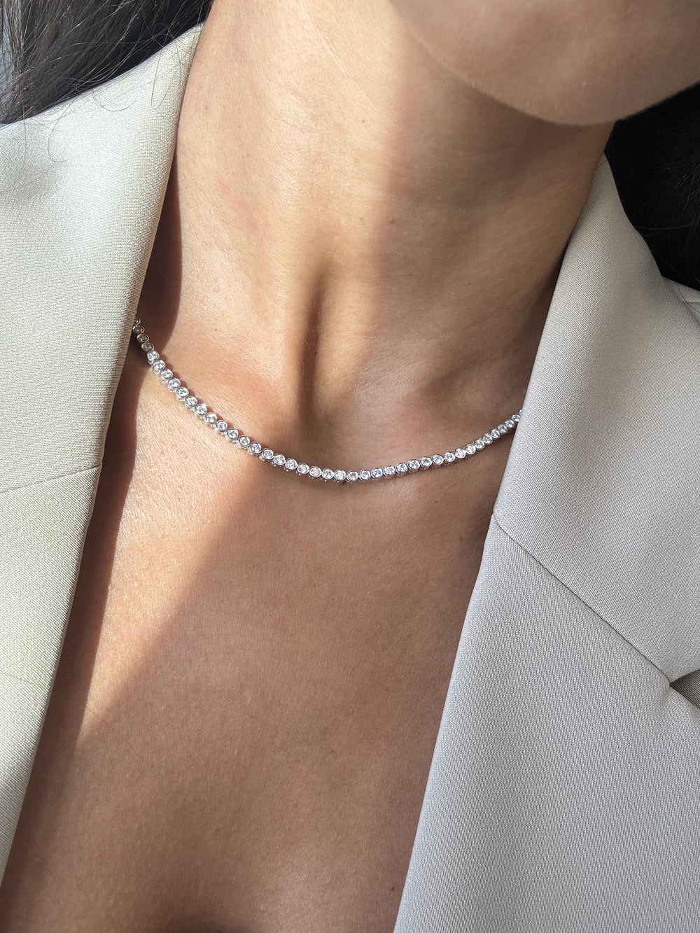 Round Bezel Set Lab Grown Diamond Tennis Necklace 14K Solid Gold