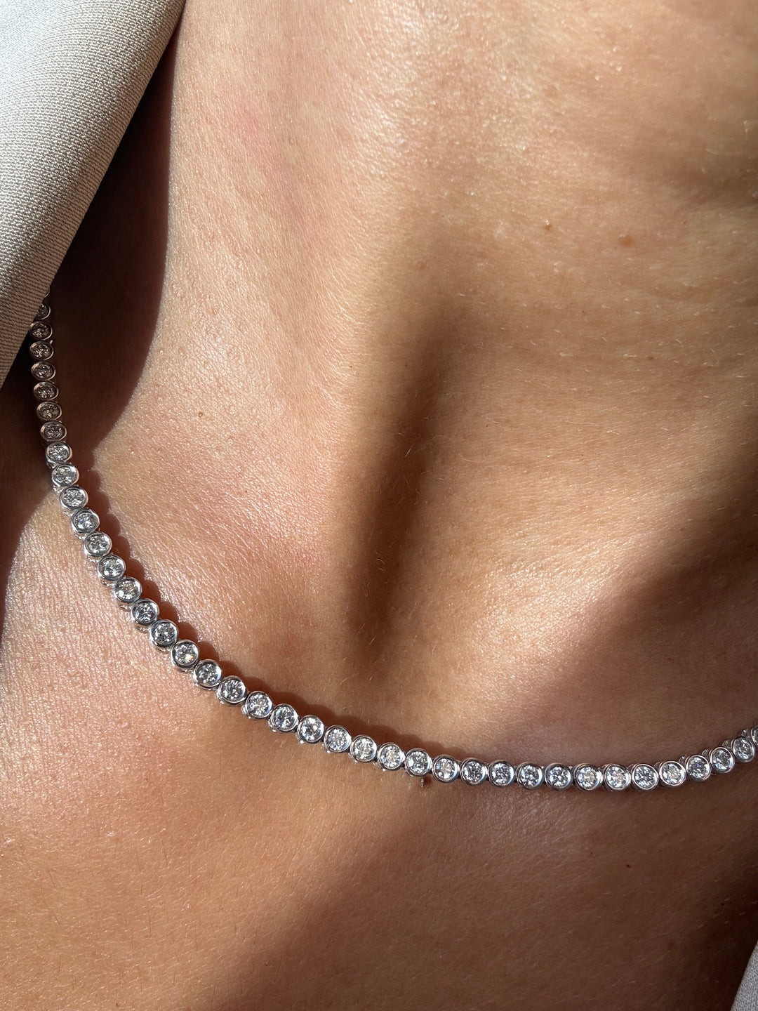 Round Shape Bezel Lab Diamond Tennis Necklace 14K Solid Gold
