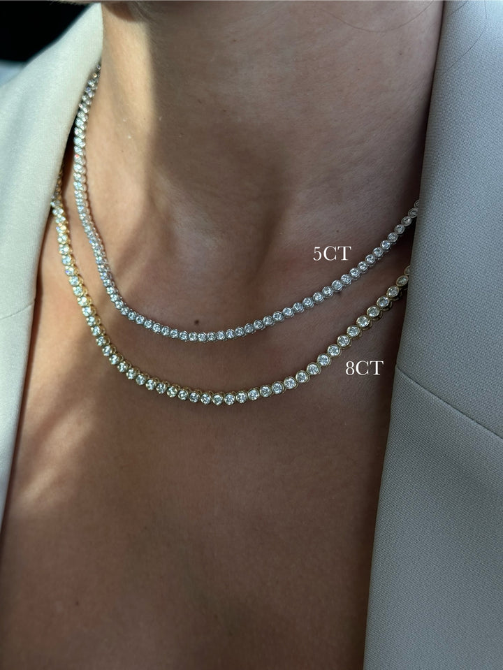 Round Shape Bezel Lab Grown Diamond Tennis Necklace 14K Solid Gold
