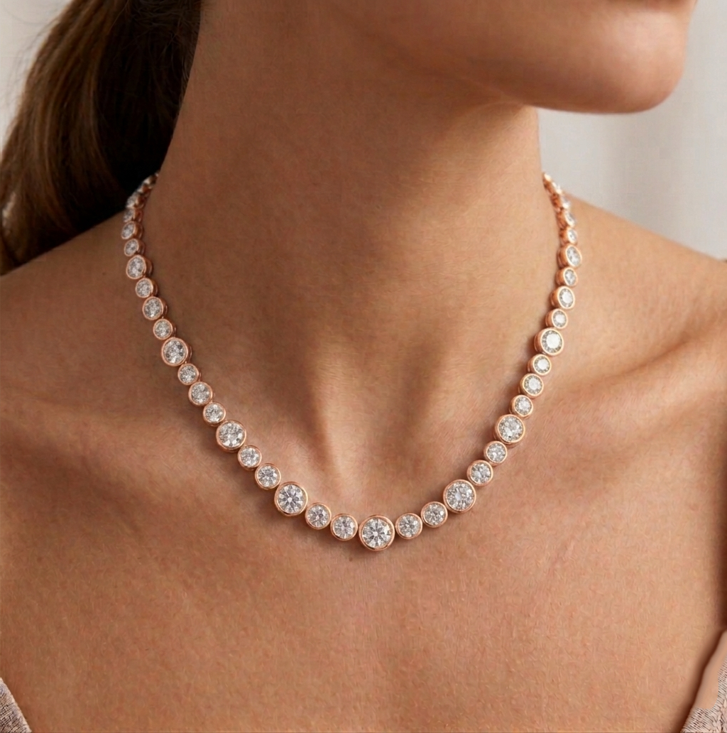 Round Bezel Big & Small Lab Grown Diamond Tennis Necklace Lifestyle RG