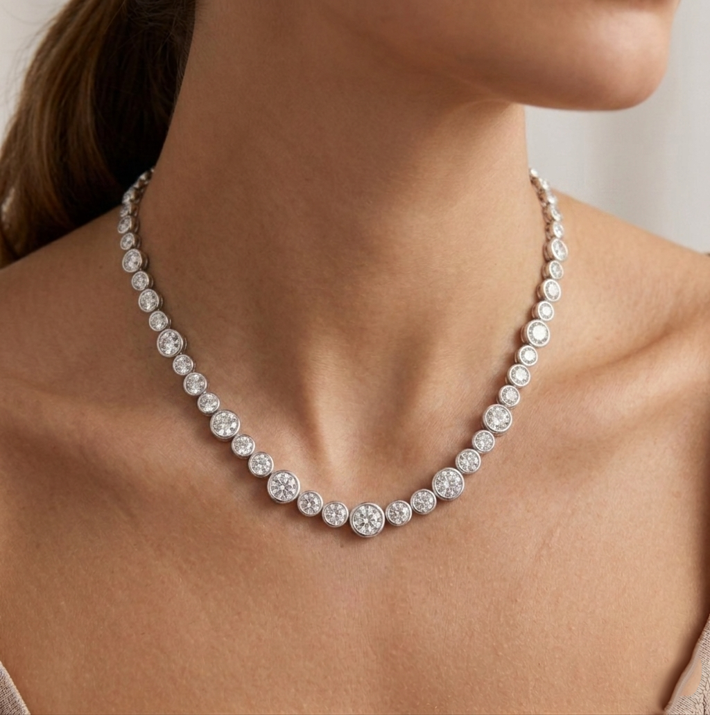 Round Bezel Big & Small Lab Grown Diamond Tennis Necklace Lifestyle WG